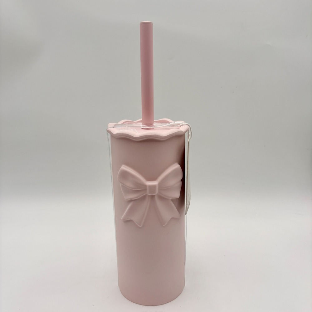 Eloretta Pink Bow Toilet Brush and Holder Set Matte Scalloped Bath Collection
